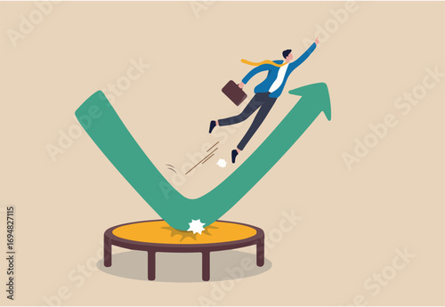 Stock market rebound, overcome business down fall and grow up profit or leadership and achievement concept, businessman jump bouncing high on trampoline with green rising up performance arrow graph.