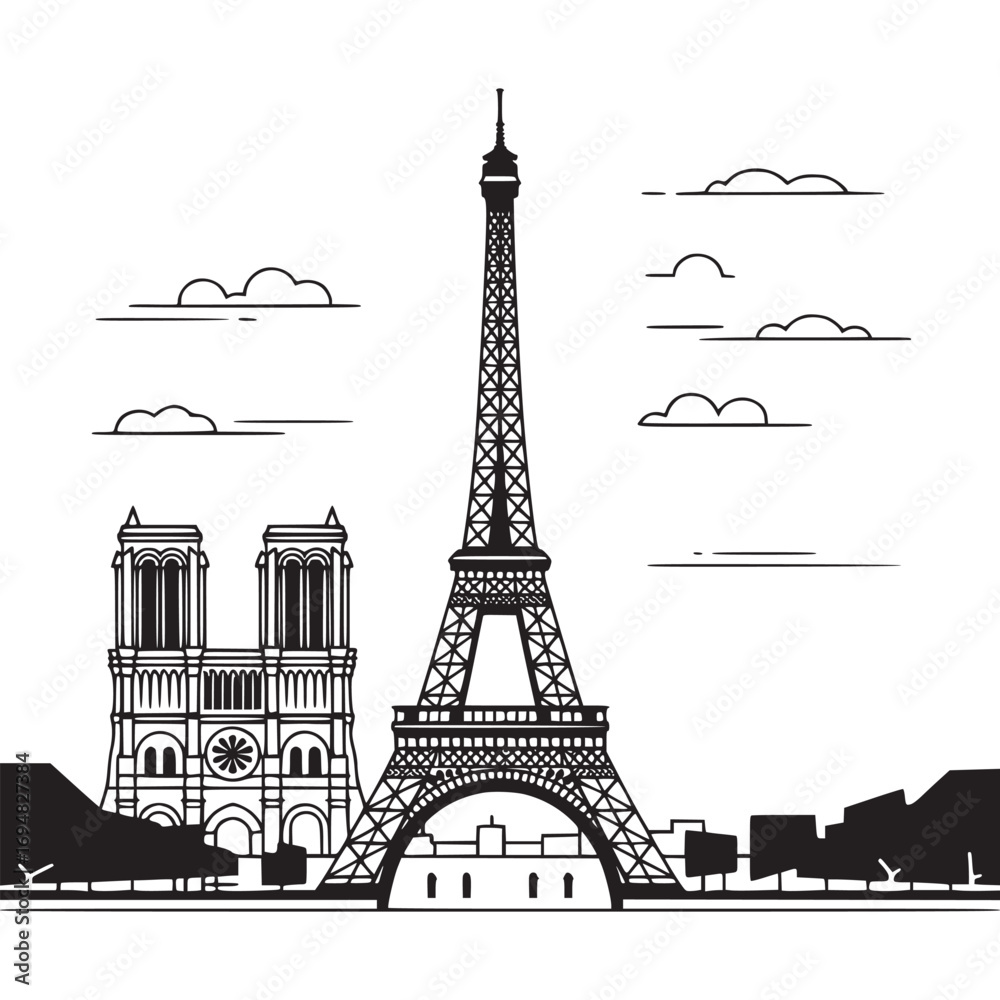 Obraz premium Paris skyline with the eiffel tower and notre dame cathedral isolated on white background in black and white style