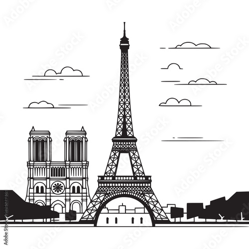 Paris skyline with the eiffel tower and notre dame cathedral isolated on white background in black and white style