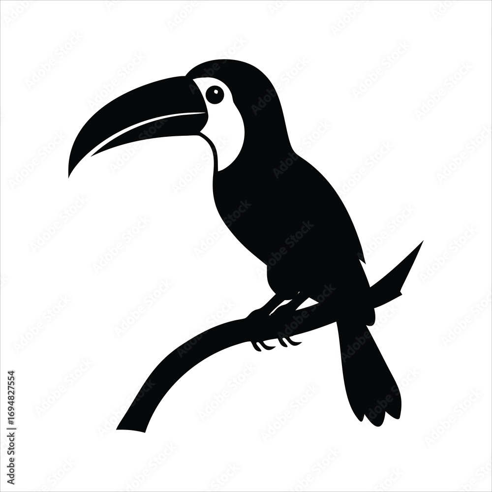 Obraz premium Stylized black silhouette of a toucan perched on a branch