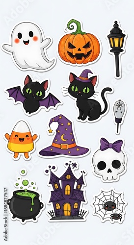 A collection of charming Halloween-themed stickers featuring ghosts, pumpkins, cats, candy corn, witch hats, a spooky house, and other festive elements.