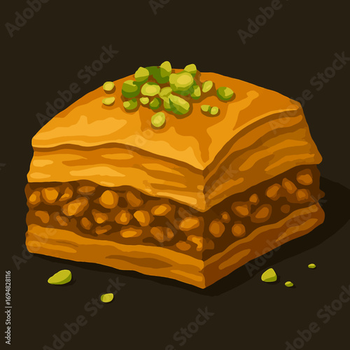 Golden Baklava shines with artistic texture on a dark surface. Perfect for food blogs, social media, and product staging.
