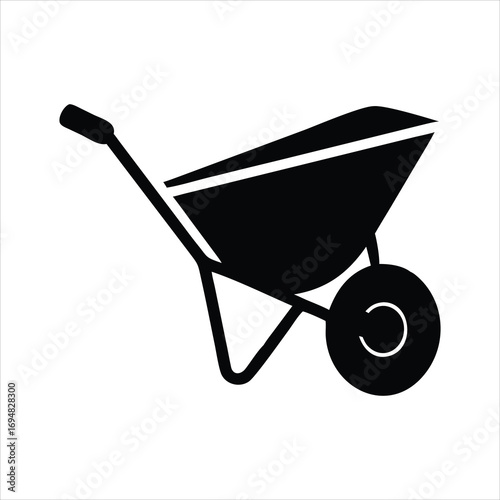 Simple black silhouette of a wheelbarrow on a white background