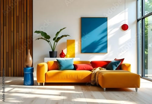 A colorful sofa with pillows and decorations in a living room with a white wall and a wooden floor