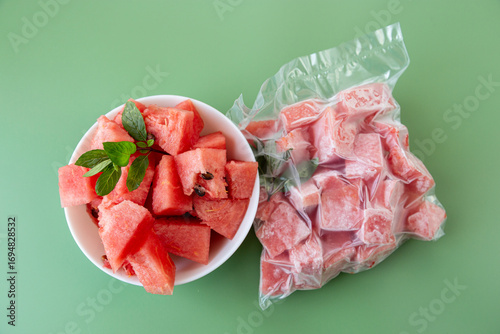 Frozen watermelon cubes sealed in transparent plastic food package