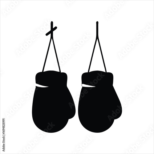 Pair of black boxing gloves hanging silhouette on white background