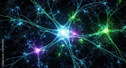 Vibrant neural network with glowing blue green and purple interconnected cells and intricate branching structures on a dark background