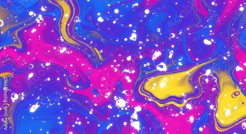 Vibrant swirling liquid art with glowing white specks and clear bubbles in blue magenta and yellow hues