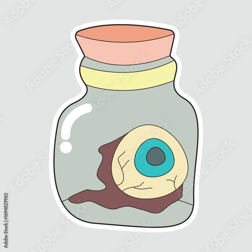 Spooky Eyeball in a Jar. A creepy cartoon eyeball floating in a glass jar. A fun and eerie vector illustration perfect for Halloween designs, stickers, and spooky projects