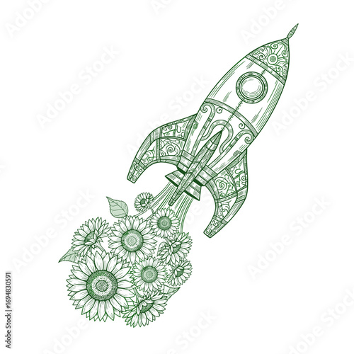 Rocket launching with sunflowers in intricate line art design  