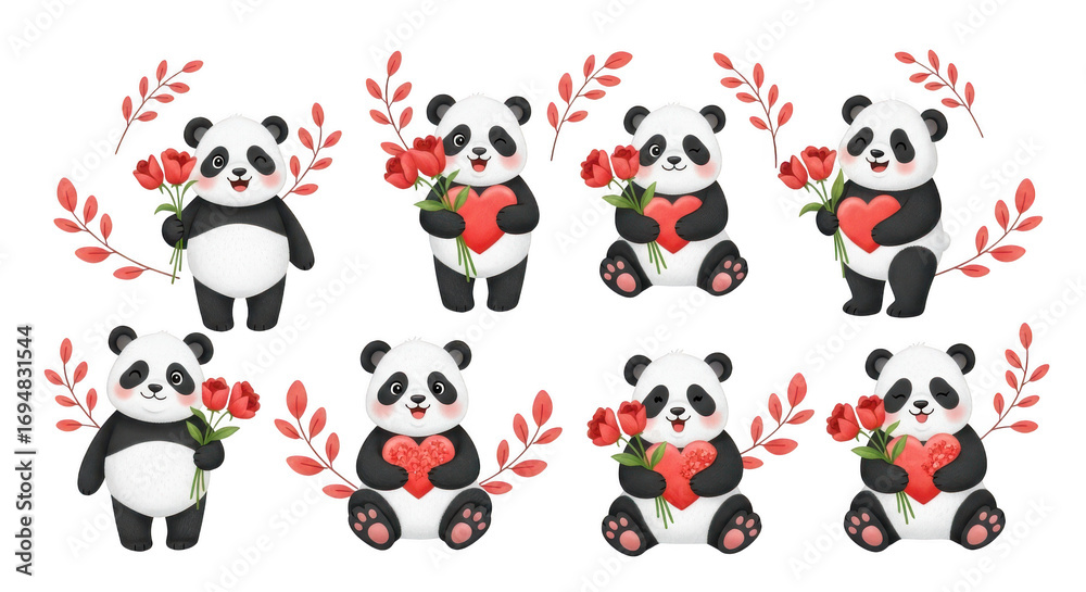 Obraz premium Collection of cute panda bears holding hearts and flowers isolated on transparent background