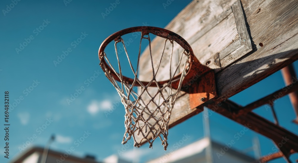 Naklejka premium Close-up of a weathered basketball hoop against a vibrant blue sky