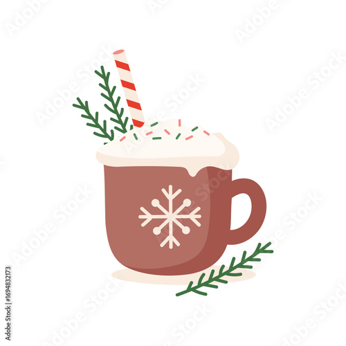 Christmas mug with hot drink isolated on white background	