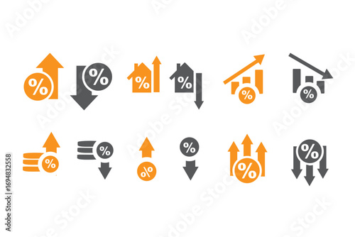 Low and high interest rate icon set. Percentage, growth, decline, mortgage, loan and finance symbols with up and down arrows for banking and economy. Solid vector icons collection