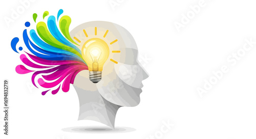 Creative Thinking Light Bulb Head with Colorful Splash, Ideas Spark