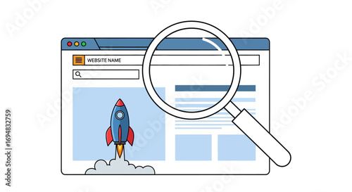 Web development concept illustrating a new website launch with a rocket ship for speed and a magnifying glass for SEO analysis and search optimization