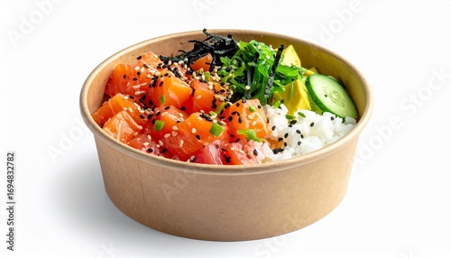 Hawaiian Salmon Poke Bowl with Avocado, Cucumber, and Seaweed in a Takeaway Container Isolated on White