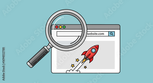 SEO and website performance optimization concept with a rocket launching from a browser, symbolizing growth and speed