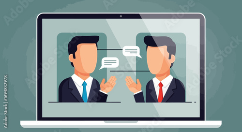 Virtual Meeting Two businessmen engaged in a digital conversation on a laptop screen, discussing ideas remotely