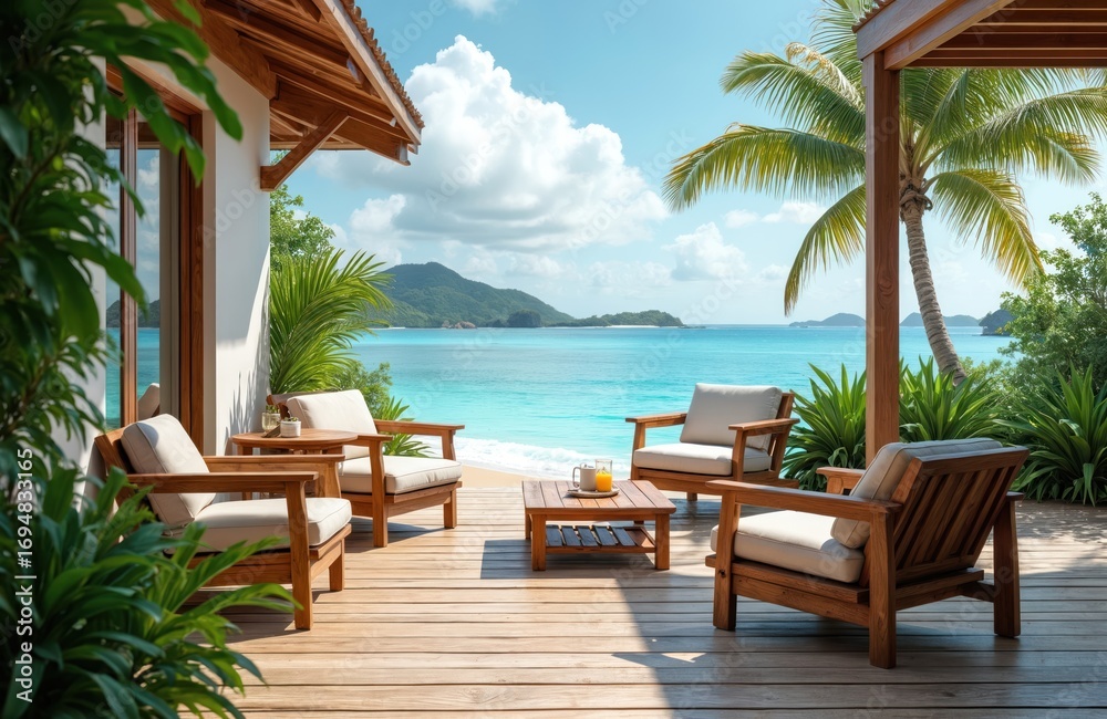 Fototapeta premium Tropical resort courtyard with brown wooden sofa furniture and table on deck floor. Ocean island background with blue skies and palm trees. Concept for holiday, leisure, vacation stay.