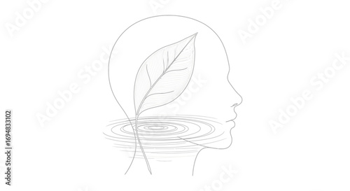 Minimalist line illustration of a human head featuring a prominent leaf and subtle water ripples within, symbolizing mindful connection to nature, ecological awareness, and inner growth