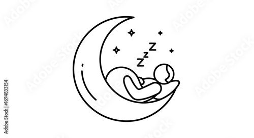 Simple line art icon illustrating a person in deep sleep on a crescent moon, a concept for tranquility, rest, and serene dreams at night