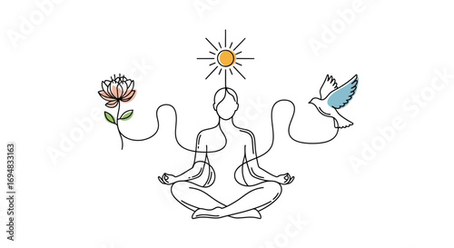 Abstract one-line drawing illustrating mindfulness, spiritual harmony, and connection with nature's elements