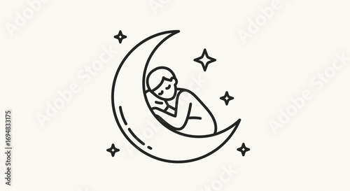 A stylized illustration of a person peacefully sleeping on a crescent moon under a starry sky