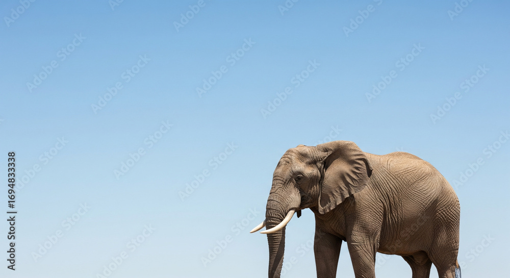 Fototapeta premium Majestic elephant with tusks stands against a clear blue sky, evoking wild nature and exploration