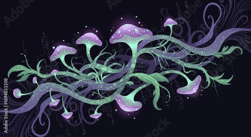 A whimsical flourish of glowing fantasy mushrooms with swirling, intertwined vine-like stems in a delicate, ethereal design