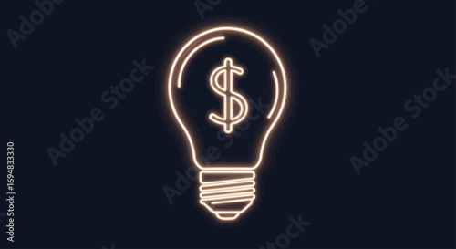 A glowing neon lightbulb icon with a dollar sign symbol, representing a brilliant business idea, financial innovation, and startup investment
