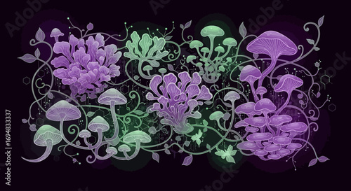 Enchanted forest floor with a vibrant collection of bioluminescent purple and green fantasy fungi