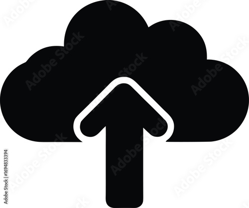 Black cloud with upward arrow, symbolizing cloud upload and storage services