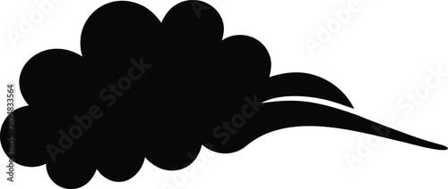 A black cloud trails a vapor trail, stylized minimalist design element
