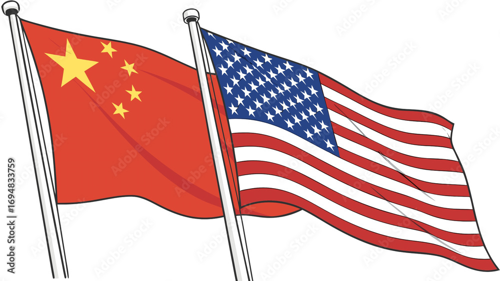 Fototapeta premium USA and China Flags Together. Flags of China and the United States of America