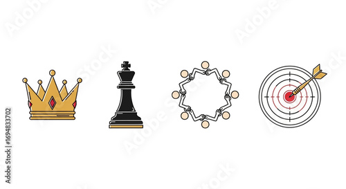 Set of vector line icons representing core business concepts like leadership, strategy, collaboration, and achieving goals