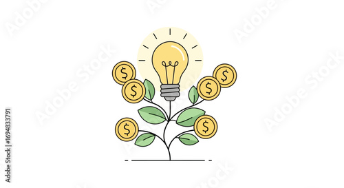 Vector line art concept illustrating financial growth from a creative idea, showing a money plant with a glowing lightbulb