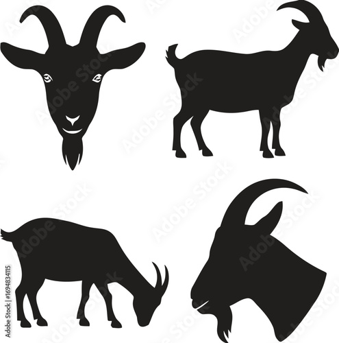 Collection of four black goat silhouettes on a white background