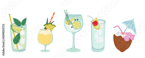Refreshing Summer cocktails. Set of tropical alcohol drinks. Drinking glasses decorated with straws, fruits and herbs. Homemade lemonades collection. Vector illustration.

