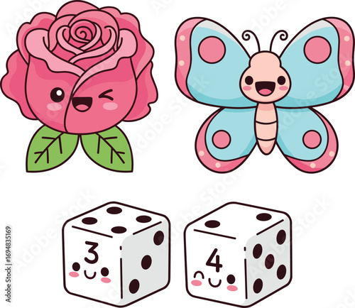 Cute Cartoon Rose Butterfly Dice Icons.