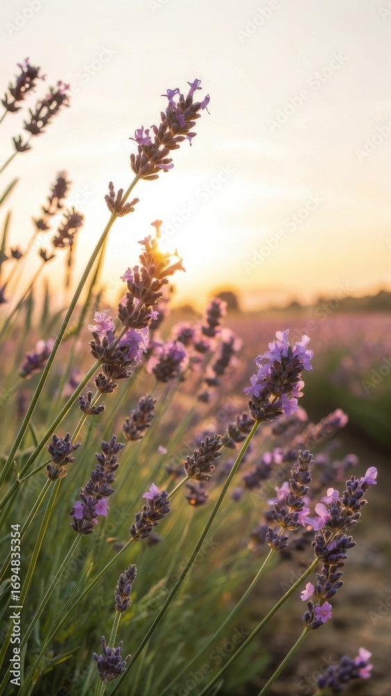 Obraz premium Soft focus lavender field at sunset golden hour warm light peaceful ambiance floral nature