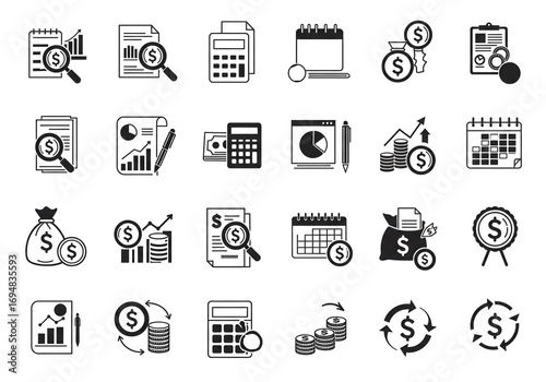 Financial icons representing business, money, investment, and profit with charts and calculations