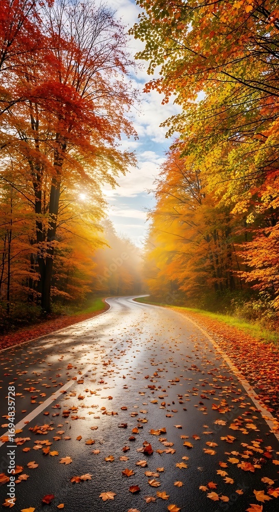 Fototapeta premium Scenic Autumn Road Lined With Vibrant Trees Bathed in Golden Sunlight After Rain Reflecting the Sky and Fallen Leaves Creating a Picturesque and Inviting Pathway Through the Season of Change