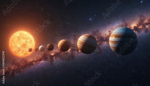 Solar System planets align with Milky Way galaxy backdrop. Sun to Jupiter depicted in cosmic space. Celestial bodies in orbit showcase universe structure. Astrophysics concept. Outer space