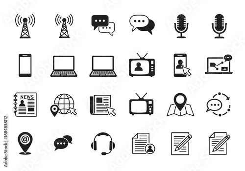 Communication icons set illustrating technology, media, and business concepts in clean design