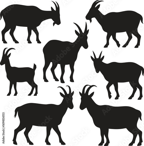 Collection of silhouette goat and ibex animals standing on white background