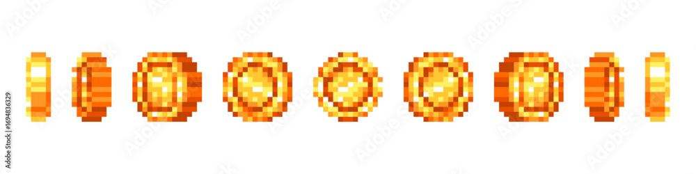 Obraz premium Pixel coin rotation. Casino game spin gold coins turn animation, game token stars reward bonus rotation effect level trophy flip badge money coin ui set