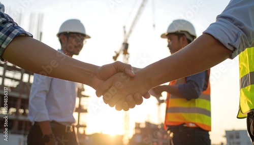 Construction workers shaking hands, symbolizing a deal or collaboration at a building site. 