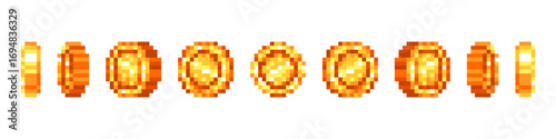 Pixel coin rotation. Casino game spin gold coins turn animation, game token stars reward bonus rotation effect level trophy flip badge money coin ui set