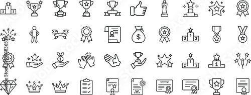 Collection of simple line icons representing awards trophies success and achievements vector